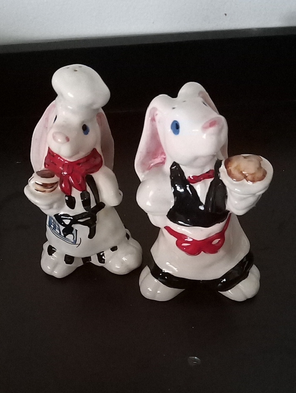 White Ceramic Bunny Salt and Pepper Shaker Set with Red Accents
